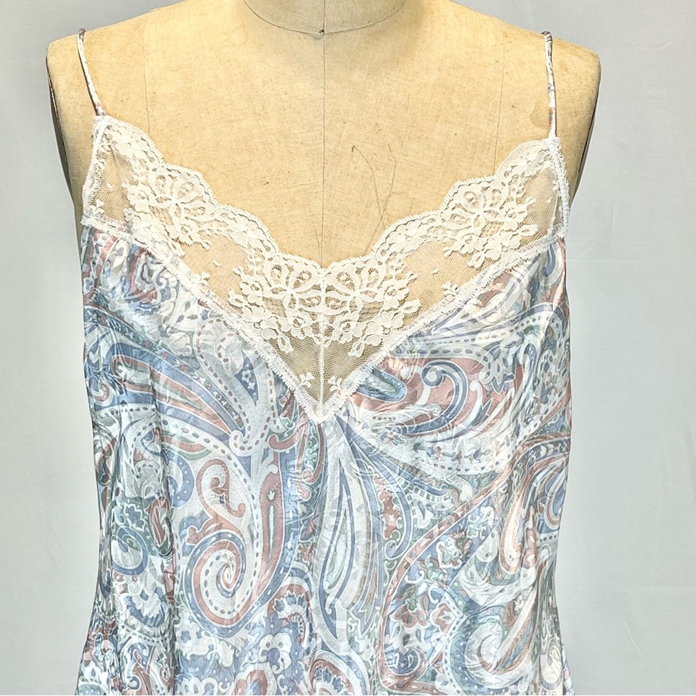 VINTAGE 80s pastel paisley floral silky satin nightgown mini midi lace - Picture 4 of 10
